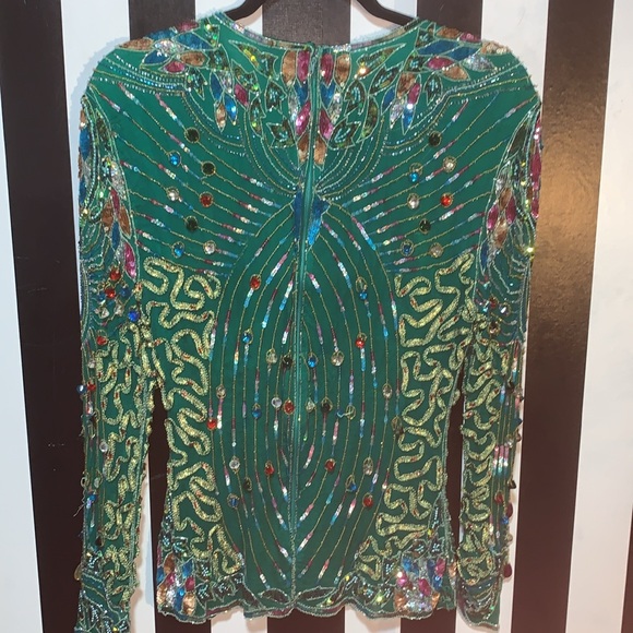 1980s Vintage Fully Embellished Sequin/Silk Emerald Green Long Sleeve Top Small - Picture 7 of 17
